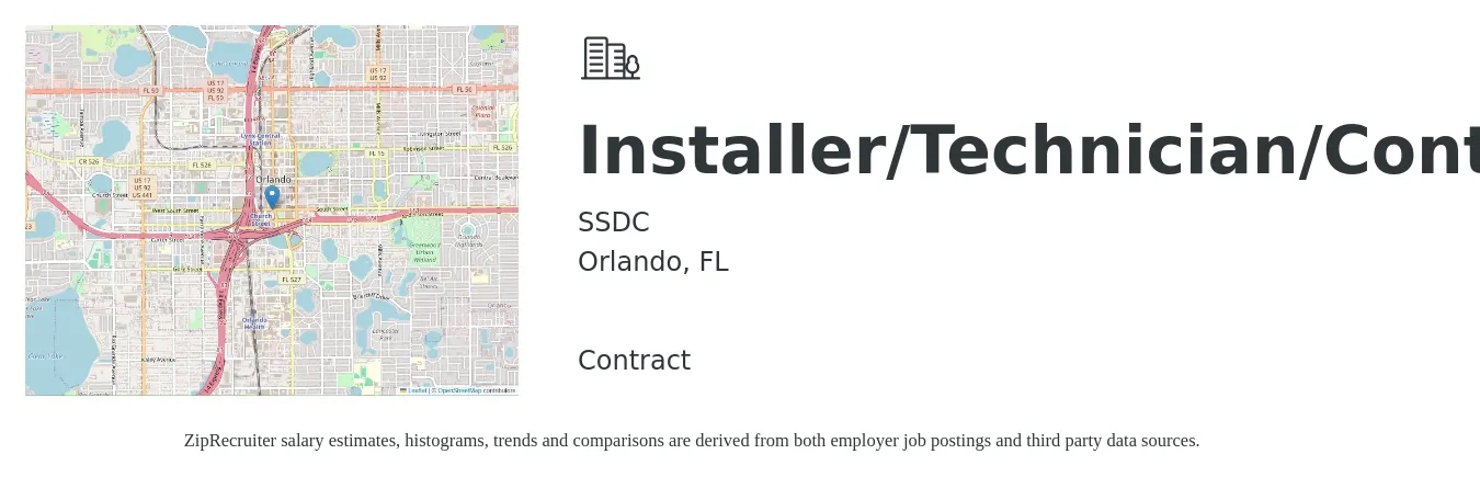 SSDC job posting for a Installer/Technician/Contractor in Orlando, FL with a salary of $150 to $200 Daily with a map of Orlando location.