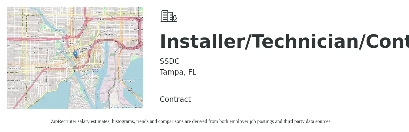 SSDC job posting for a Installer/Technician/Contractor in Tampa, FL with a salary of $150 to $200 Daily with a map of Tampa location.