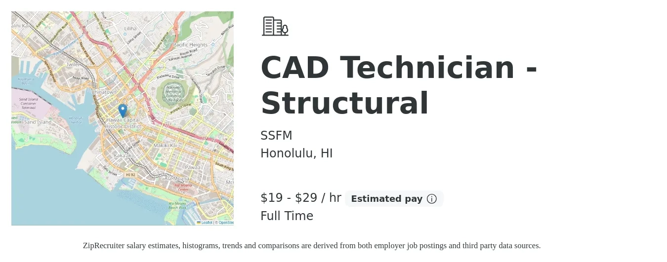 SSFM job posting for a CAD Technician - Structural in Honolulu, HI with a salary of $20 to $31 Hourly with a map of Honolulu location.