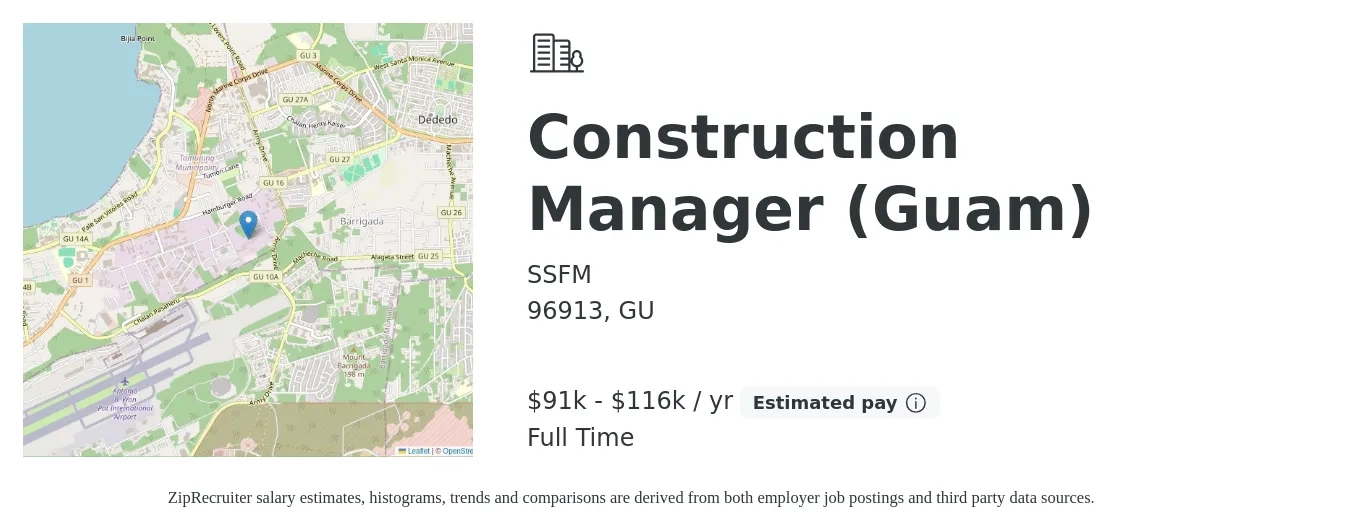 SSFM job posting for a Construction Manager (Guam) in 96913, GU with a salary of $91,392 to $116,100 Yearly with a map of 96913 location.