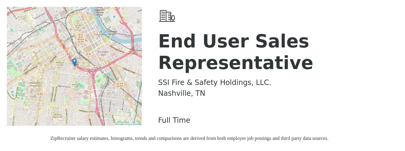 SSI Fire & Safety Holdings, LLC. job posting for a End User Sales Representative in Nashville, TN with a salary of $51,700 to $89,900 Yearly with a map of Nashville location.