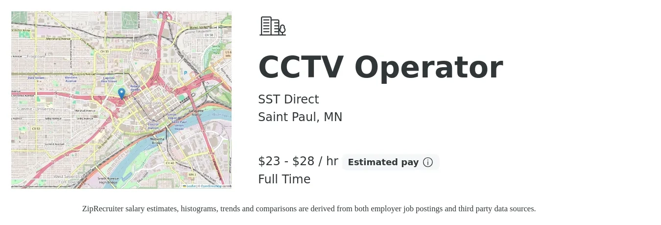 SST Direct job posting for a CCTV Operator in Saint Paul, MN with a salary of $24 to $30 Hourly with a map of Saint Paul location.