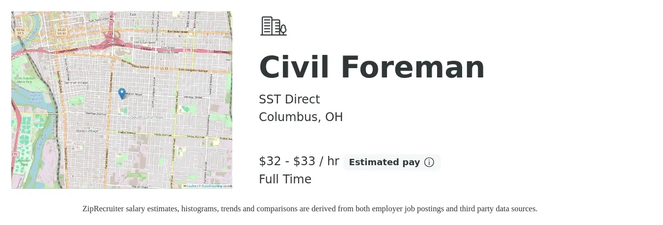 SST Direct job posting for a Civil Foreman in Columbus, OH with a salary of $34 to $35 Hourly with a map of Columbus location.