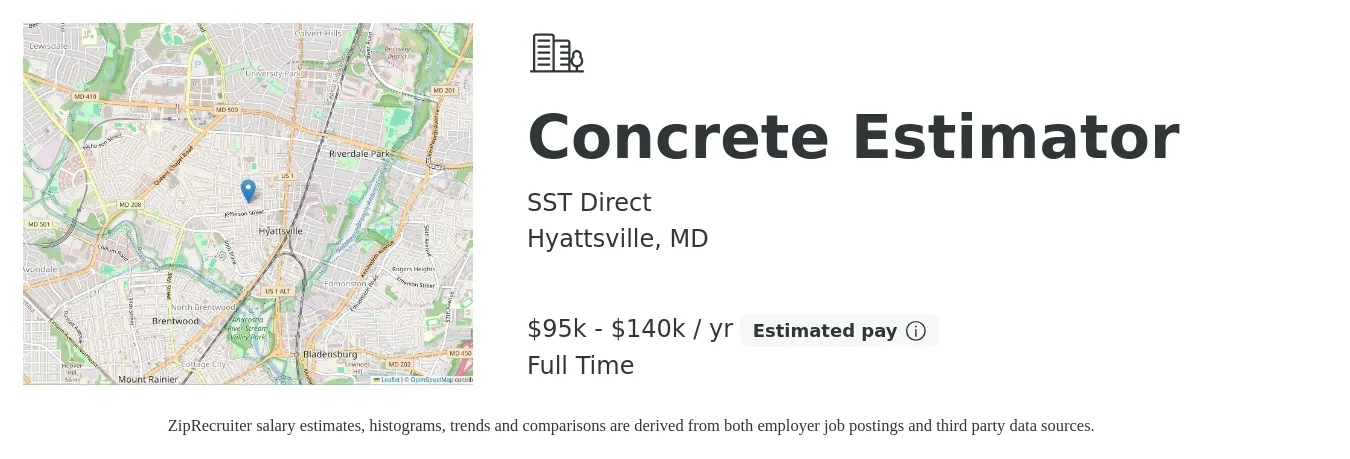 SST Direct job posting for a Concrete Estimator in Hyattsville, MD with a salary of $1,800 to $3,000 Weekly with a map of Hyattsville location.