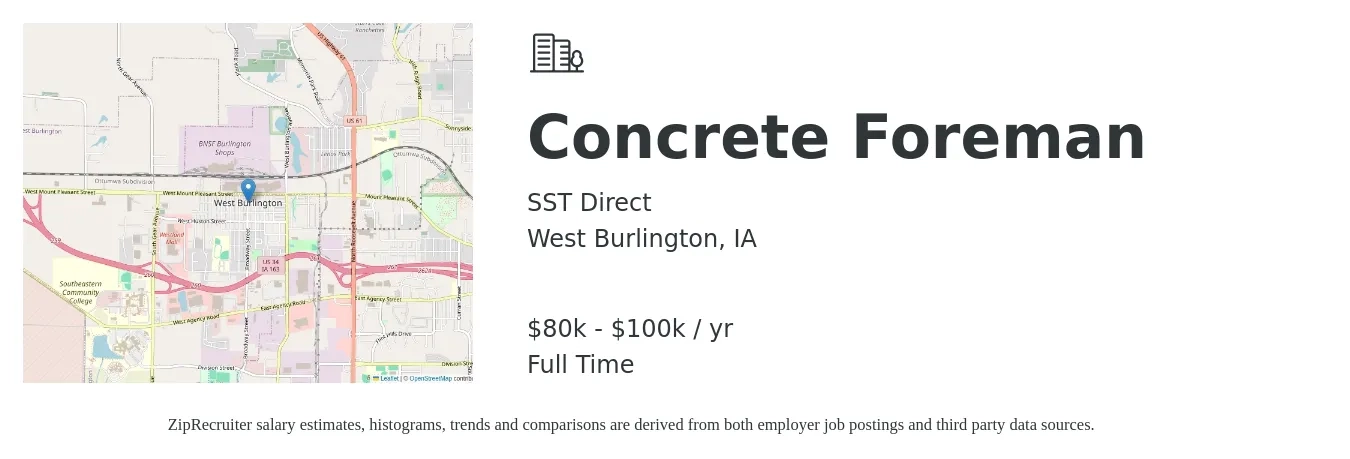 SST Direct job posting for a Concrete Foreman in West Burlington, IA with a salary of $80,000 to $100,000 Yearly with a map of West Burlington location.