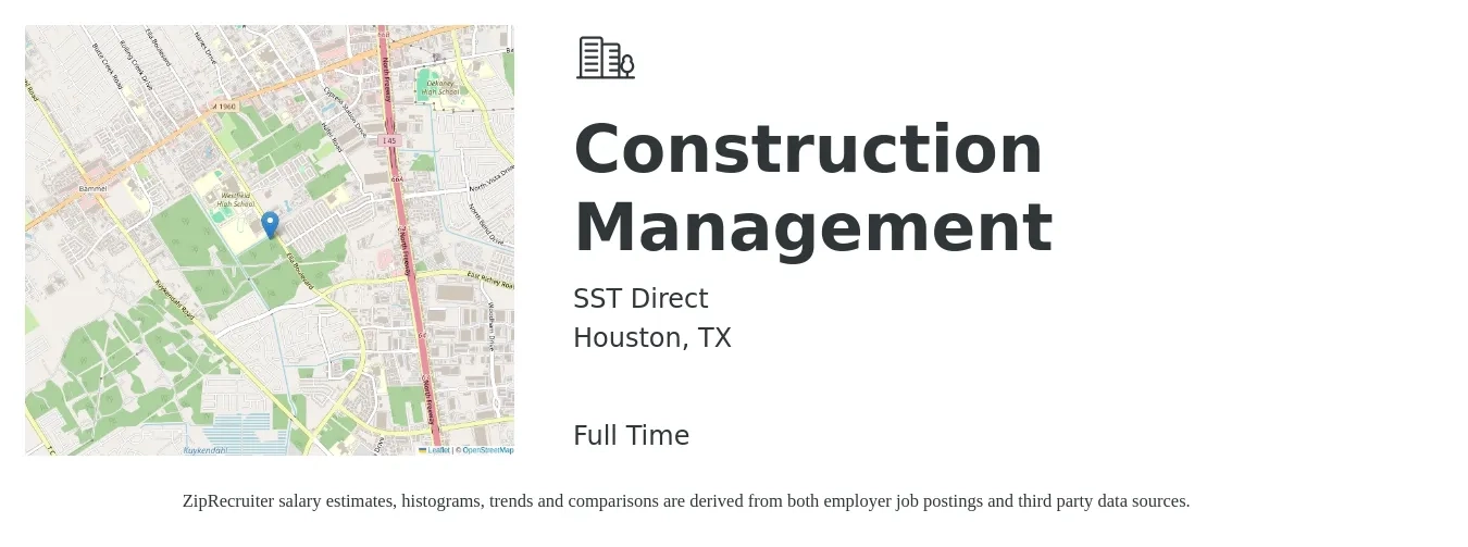 SST Direct job posting for a Construction Management in Houston, TX with a salary of $61,800 to $100,500 Yearly with a map of Houston location.