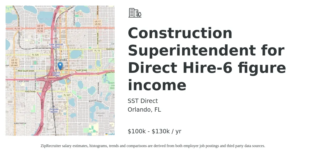 SST Direct job posting for a Construction Superintendent for Direct Hire-6 figure income in Orlando, FL with a salary of $100,000 to $130,000 Yearly with a map of Orlando location.