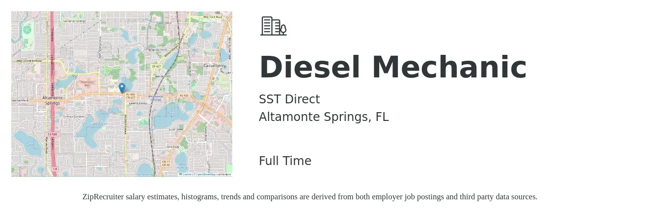 SST Direct job posting for a Diesel Mechanic in Altamonte Springs, FL with a salary of $24 to $31 Hourly with a map of Altamonte Springs location.