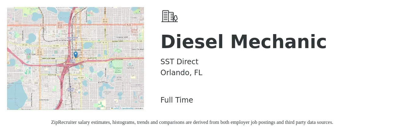 SST Direct job posting for a Diesel Mechanic in Orlando, FL with a salary of $21 to $28 Hourly with a map of Orlando location.