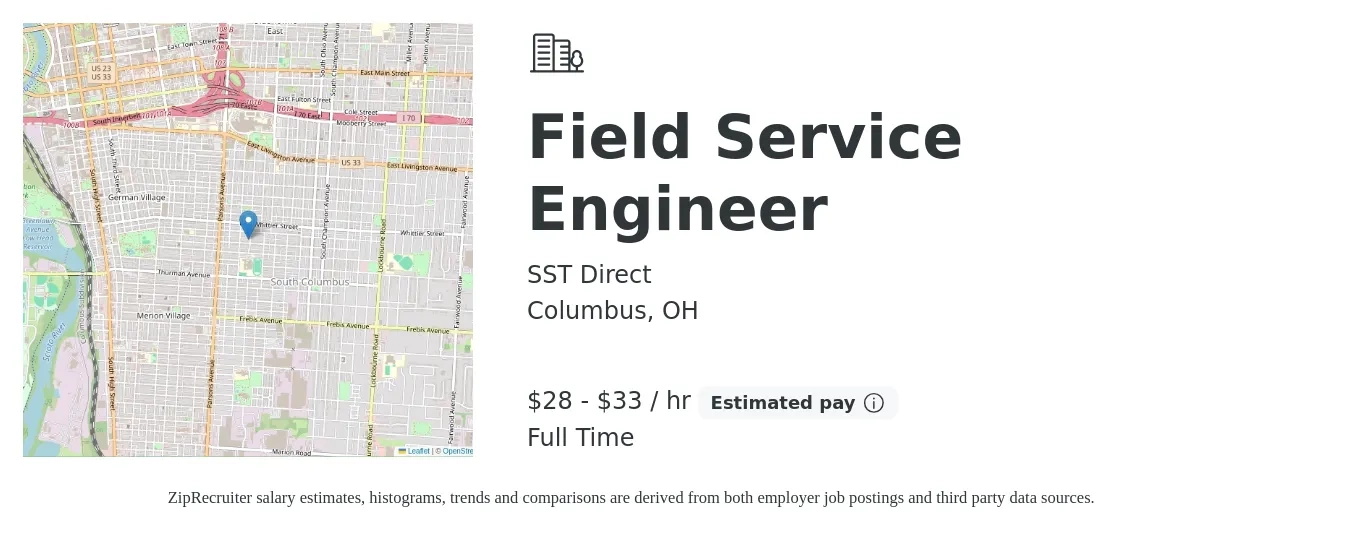 SST Direct job posting for a Field Service Engineer in Columbus, OH with a salary of $30 to $35 Hourly with a map of Columbus location.