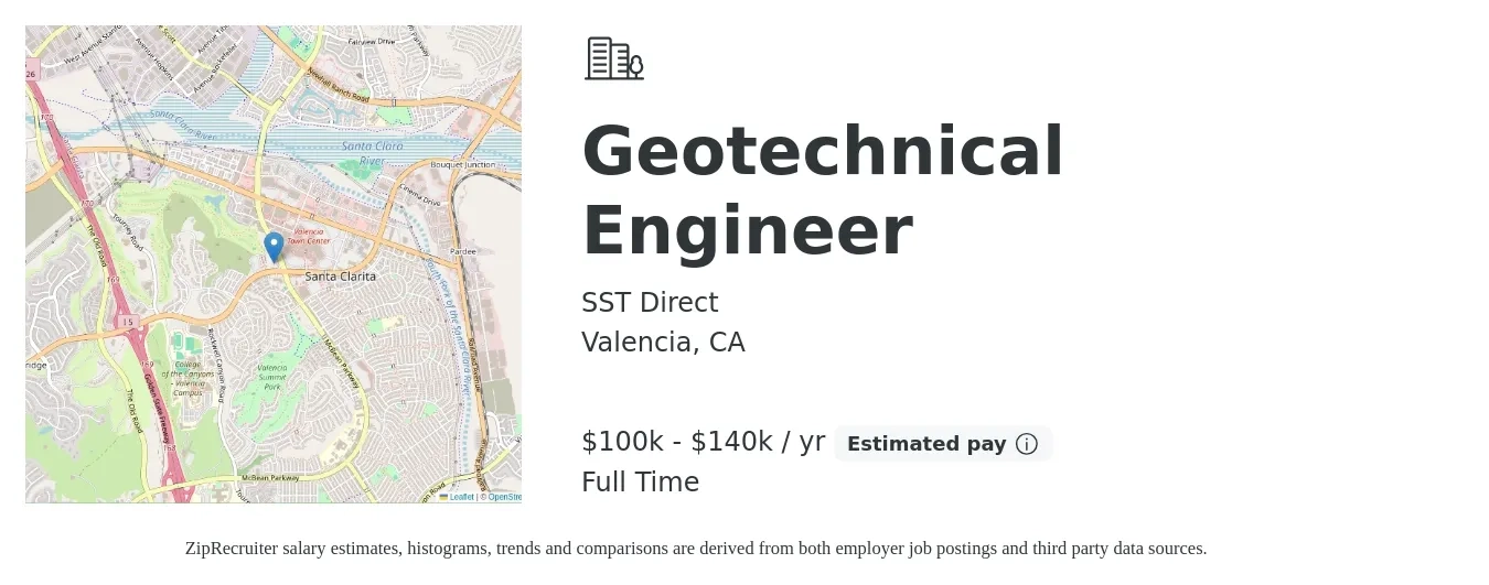 SST Direct job posting for a Geotechnical Engineer in Valencia, CA with a salary of $100,000 to $140,000 Yearly with a map of Valencia location.