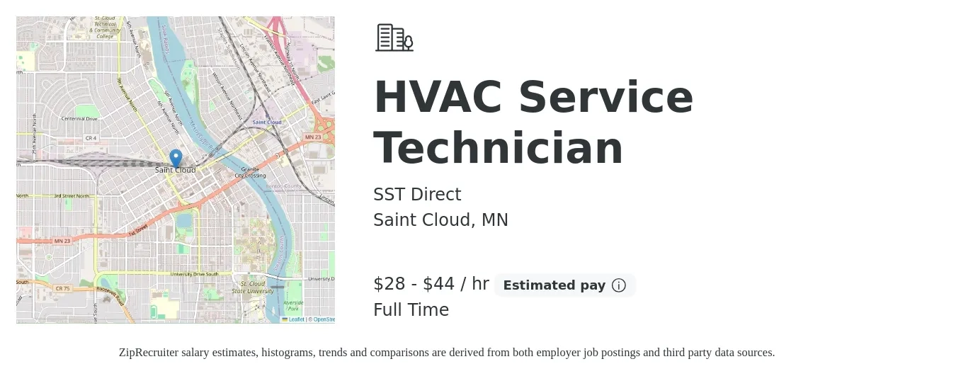 SST Direct job posting for a HVAC Service Technician in Saint Cloud, MN with a salary of $30 to $46 Hourly with a map of Saint Cloud location.
