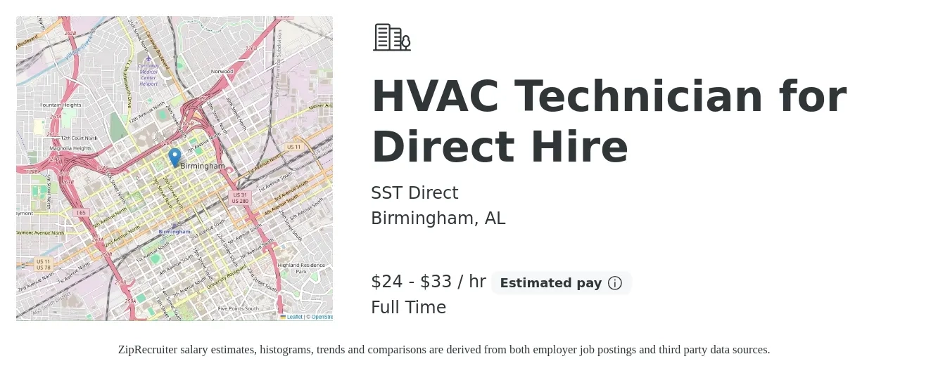 SST Direct job posting for a HVAC Technician for Direct Hire in Birmingham, AL with a salary of $25 to $35 Hourly with a map of Birmingham location.
