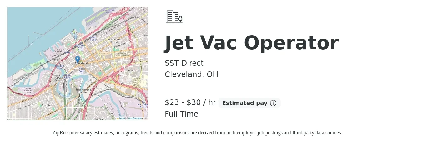 SST Direct job posting for a Jet Vac Operator in Cleveland, OH with a salary of $24 to $32 Hourly with a map of Cleveland location.