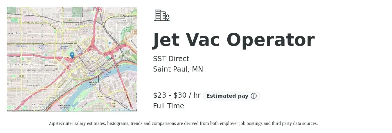 SST Direct job posting for a Jet Vac Operator in Saint Paul, MN with a salary of $24 to $32 Hourly with a map of Saint Paul location.