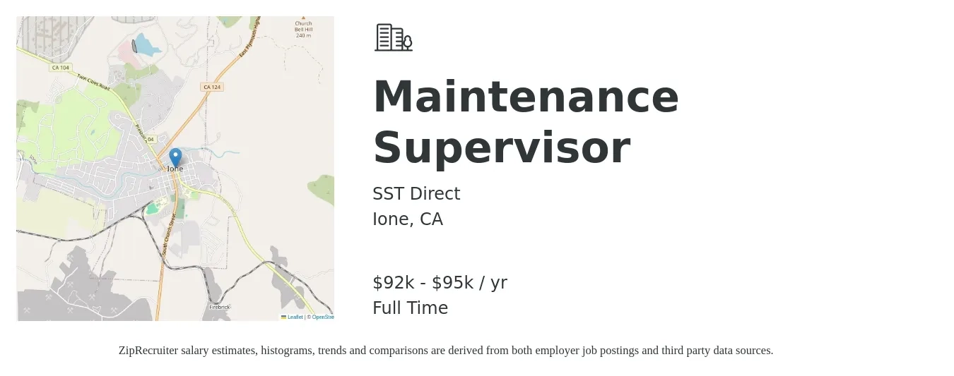 SST Direct job posting for a Maintenance Supervisor in Ione, CA with a salary of $92,000 to $95,000 Yearly with a map of Ione location.