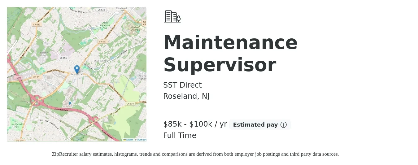 SST Direct job posting for a Maintenance Supervisor in Roseland, NJ with a salary of $85,000 to $100,000 Yearly with a map of Roseland location.