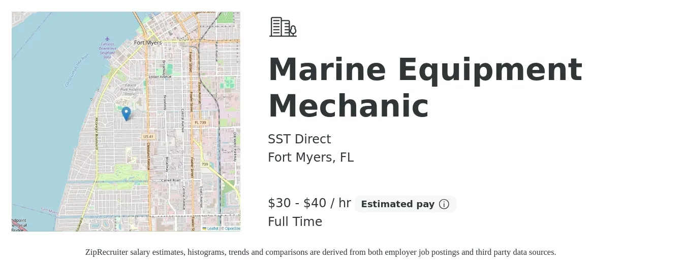 SST Direct job posting for a Marine Equipment Mechanic in Fort Myers, FL with a salary of $32 to $42 Hourly with a map of Fort Myers location.