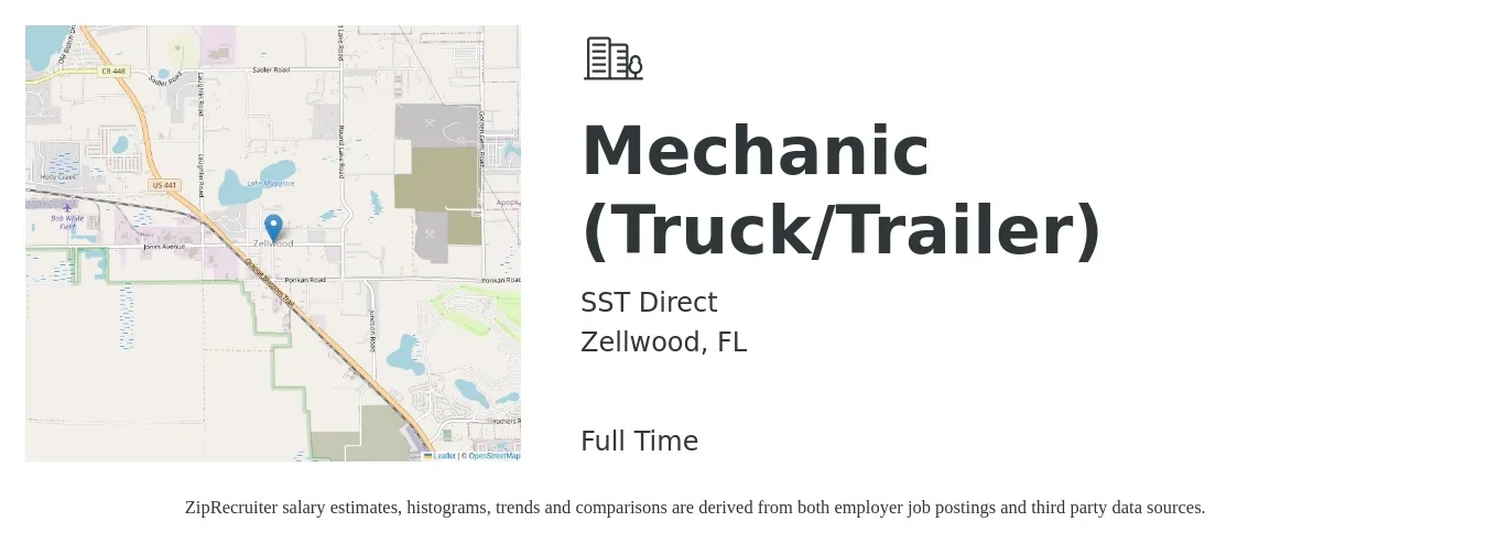 SST Direct job posting for a Mechanic (Truck/Trailer) in Zellwood, FL with a salary of $19 to $26 Hourly with a map of Zellwood location.