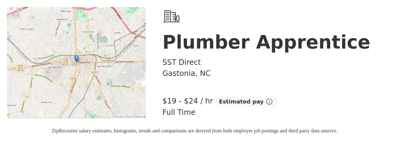 SST Direct job posting for a Plumber Apprentice in Gastonia, NC with a salary of $20 to $25 Hourly with a map of Gastonia location.