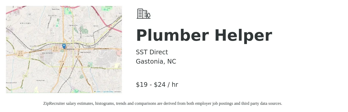 SST Direct job posting for a Plumber Helper in Gastonia, NC with a salary of $20 to $25 Hourly with a map of Gastonia location.