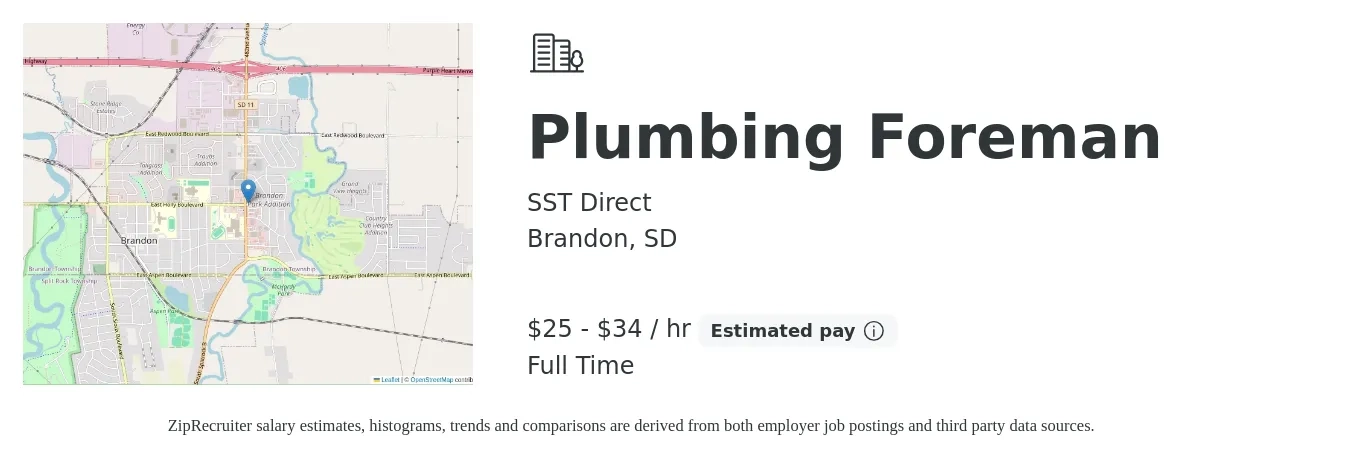 SST Direct job posting for a Plumbing Foreman in Brandon, SD with a salary of $27 to $36 Hourly with a map of Brandon location.