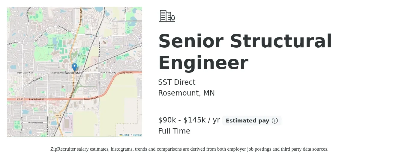 SST Direct job posting for a Senior Structural Engineer in Rosemount, MN with a salary of $90,000 to $145,000 Yearly with a map of Rosemount location.