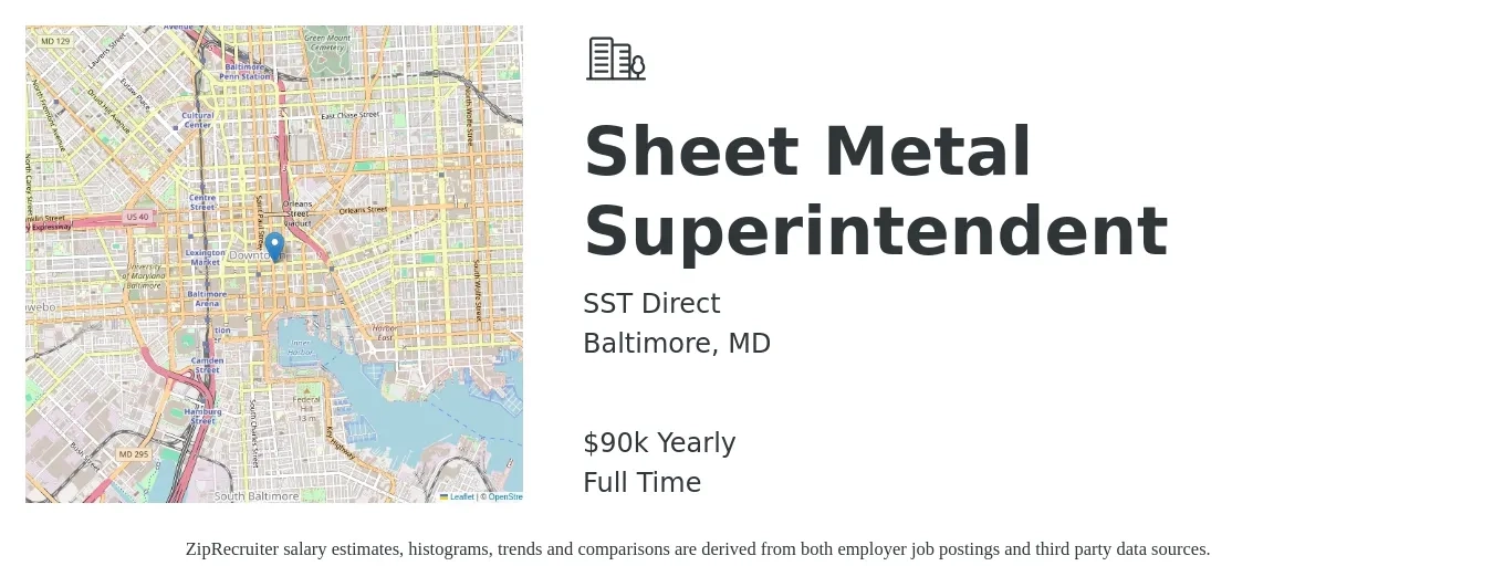 SST Direct job posting for a Sheet Metal Superintendent in Baltimore, MD with a salary of $90,000 to $150,000 Yearly with a map of Baltimore location.
