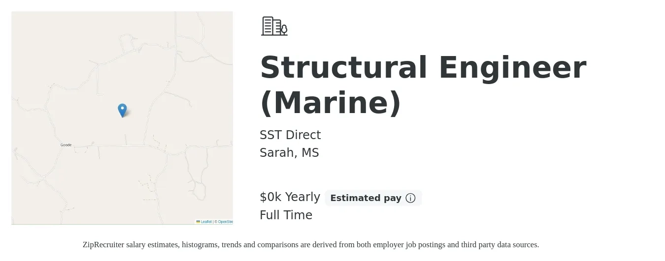 SST Direct job posting for a Structural Engineer (Marine) in Sarah, MS with a salary of $80 to $110 Yearly with a map of Sarah location.
