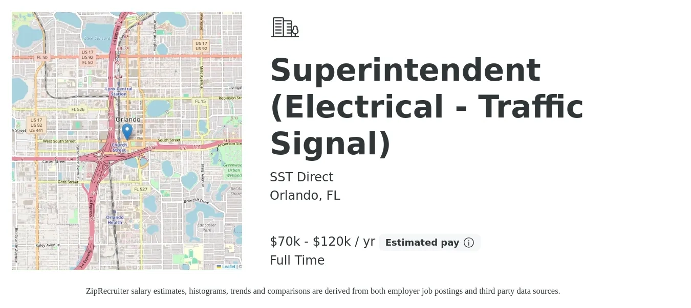 SST Direct job posting for a Superintendent (Electrical - Traffic Signal) in Orlando, FL with a salary of $70,000 to $120,000 Yearly with a map of Orlando location.