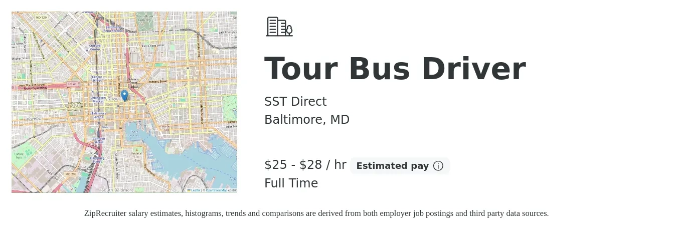 SST Direct job posting for a Tour Bus Driver in Baltimore, MD with a salary of $27 to $30 Hourly with a map of Baltimore location.