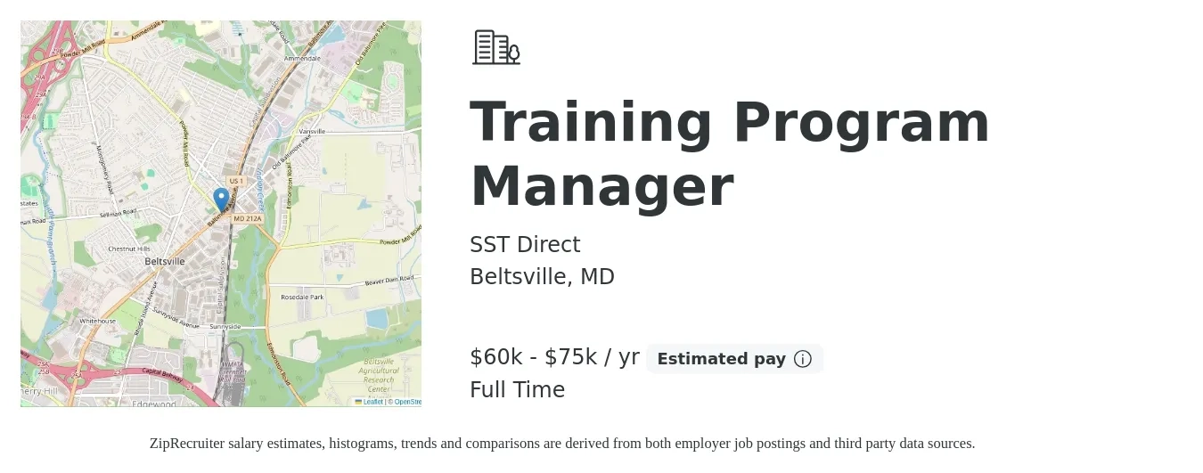 SST Direct job posting for a Training Program Manager in Beltsville, MD with a salary of $60,000 to $65,000 Yearly with a map of Beltsville location.