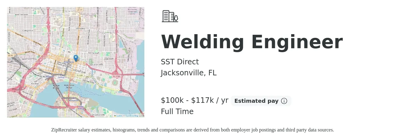 SST Direct job posting for a Welding Engineer in Jacksonville, FL with a salary of $100,000 to $117,000 Yearly with a map of Jacksonville location.