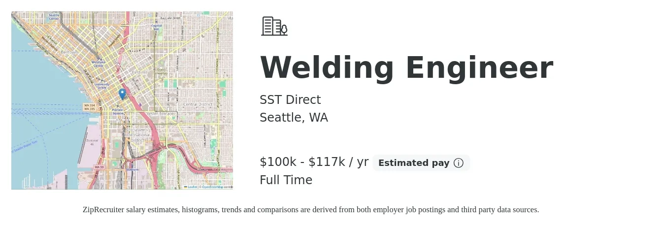SST Direct job posting for a Welding Engineer in Seattle, WA with a salary of $100,000 to $117,000 Yearly with a map of Seattle location.