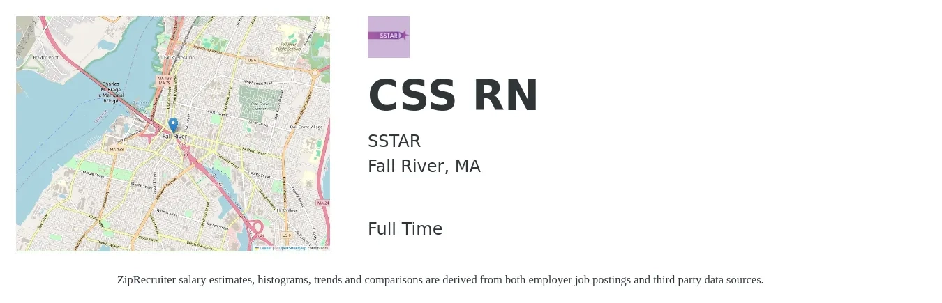 SSTAR job posting for a CSS RN in Fall River, MA with a salary of $36 to $55 Hourly with a map of Fall River location.