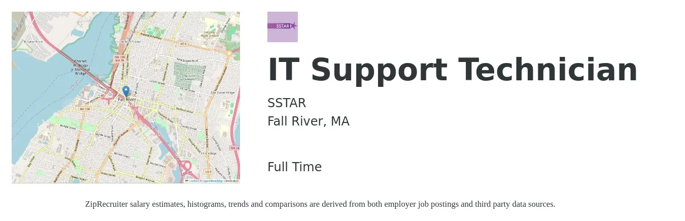 SSTAR job posting for a IT Support Technician in Fall River, MA with a salary of $22 to $30 Hourly with a map of Fall River location.