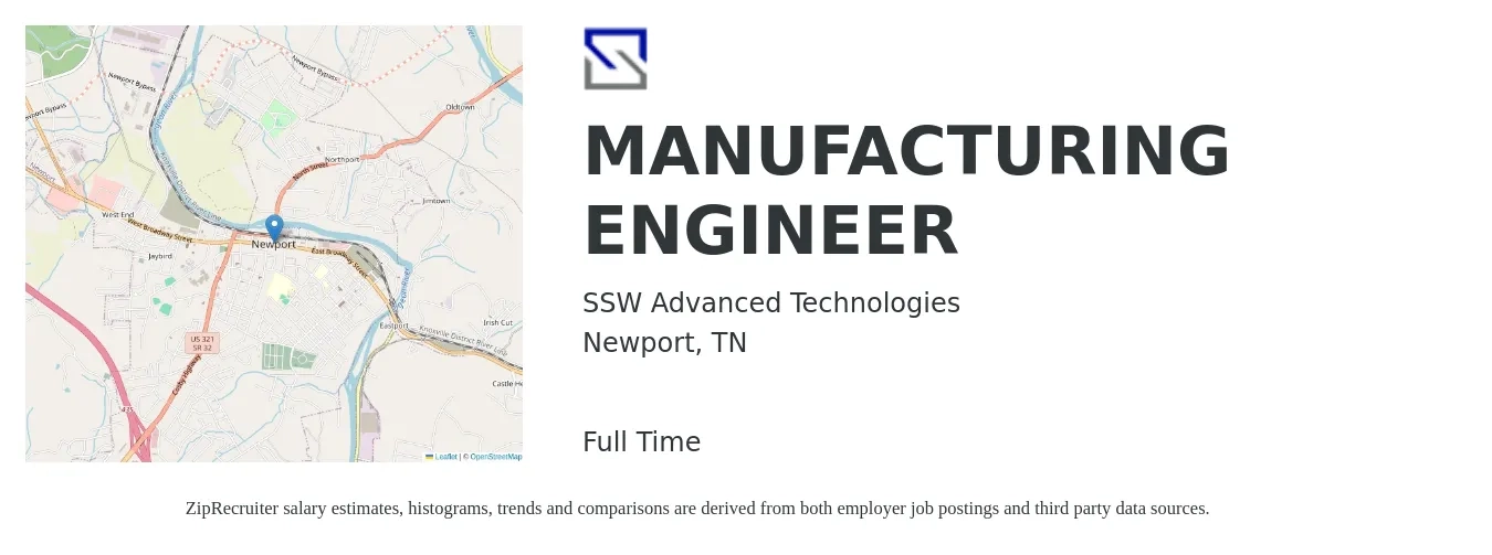SSW Advanced Technologies job posting for a MANUFACTURING ENGINEER in Newport, TN with a salary of $62,400 to $80,400 Yearly with a map of Newport location.