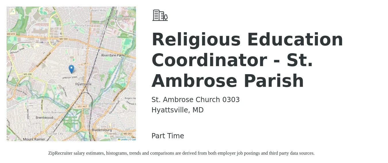 St. Ambrose Church 0303 job posting for a Religious Education Coordinator - St. Ambrose Parish in Hyattsville, MD with a salary of $41,100 to $63,200 Yearly with a map of Hyattsville location.