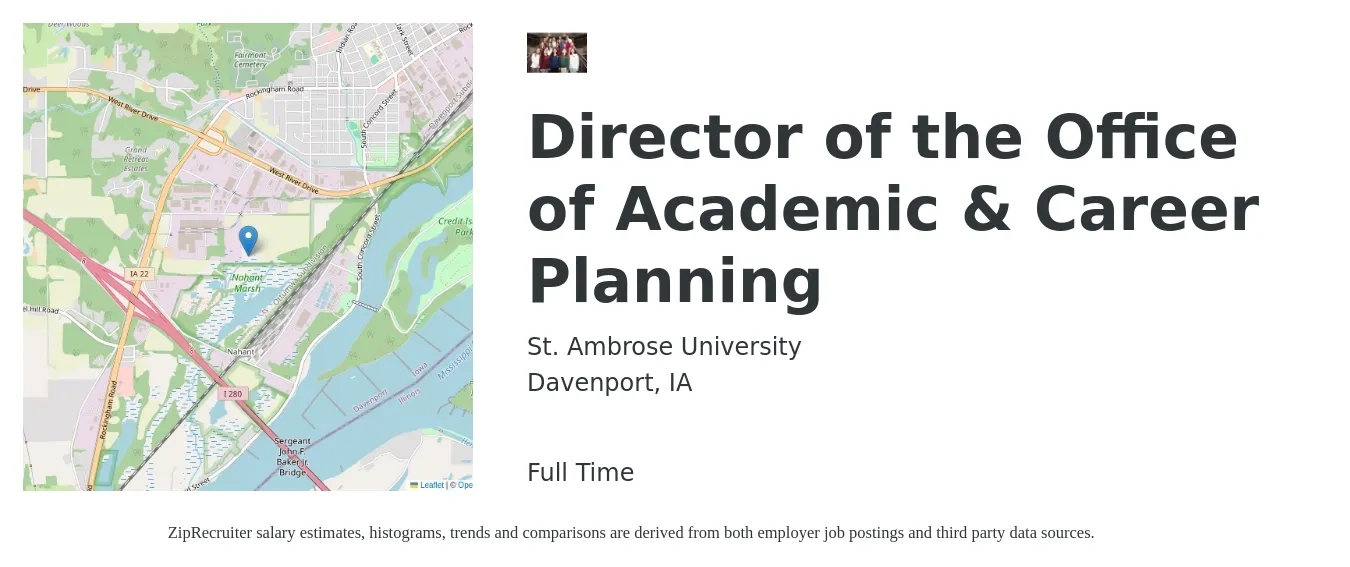 St. Ambrose University job posting for a Director of the Office of Academic & Career Planning in Davenport, IA with a salary of $92,500 to $136,000 Yearly with a map of Davenport location.
