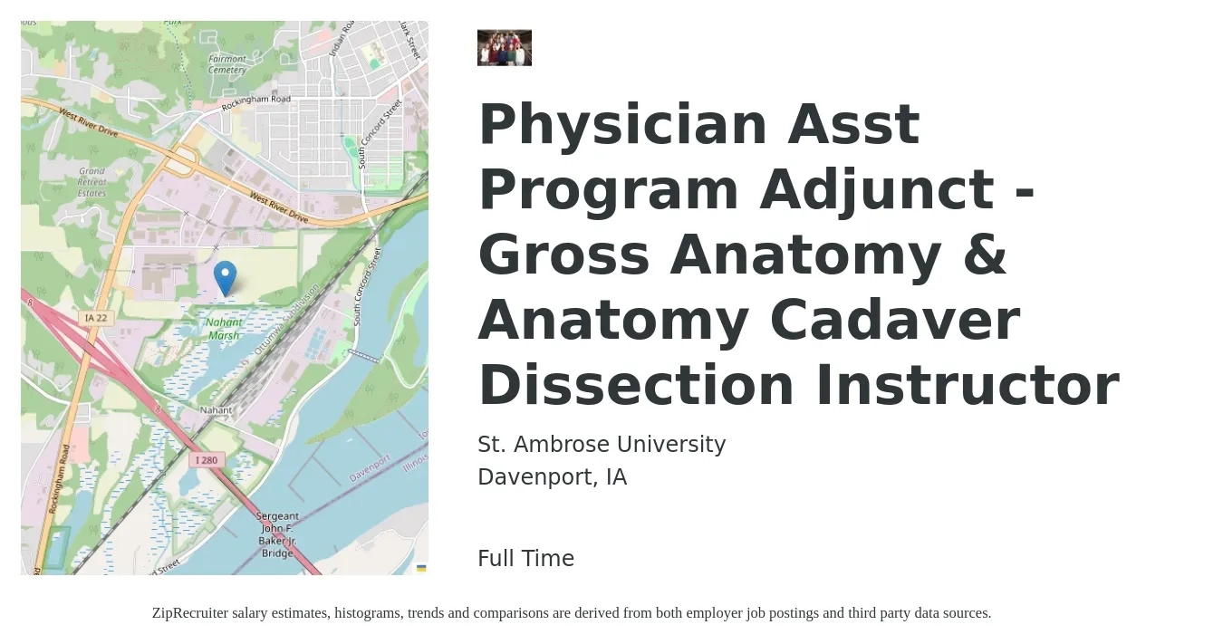 St. Ambrose University job posting for a Physician Asst Program Adjunct - Gross Anatomy & Anatomy Cadaver Dissection Instructor in Davenport, IA with a map of Davenport location.