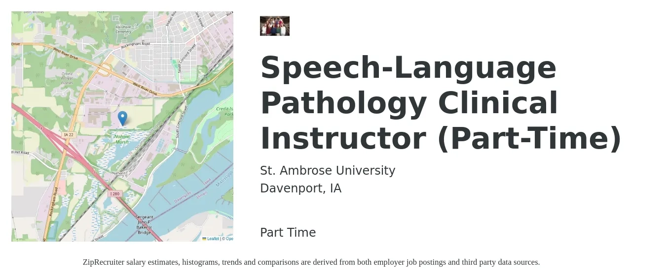 St. Ambrose University job posting for a Speech-Language Pathology Clinical Instructor (Part-Time) in Davenport, IA with a salary of $37 to $50 Hourly with a map of Davenport location.