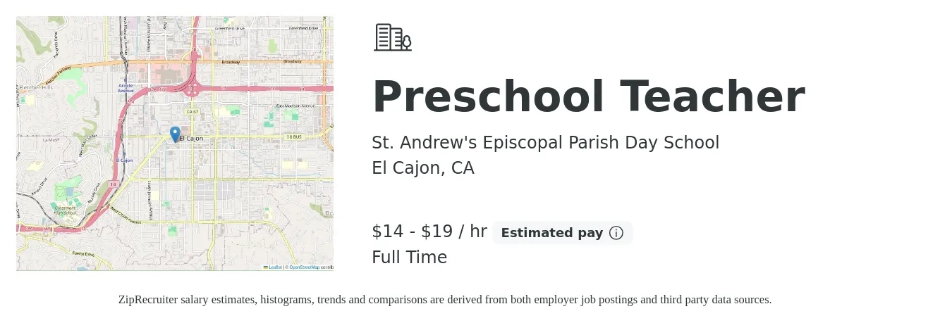 St. Andrew's Episcopal Parish Day School job posting for a Preschool Teacher in El Cajon, CA with a salary of $15 to $20 Hourly with a map of El Cajon location.