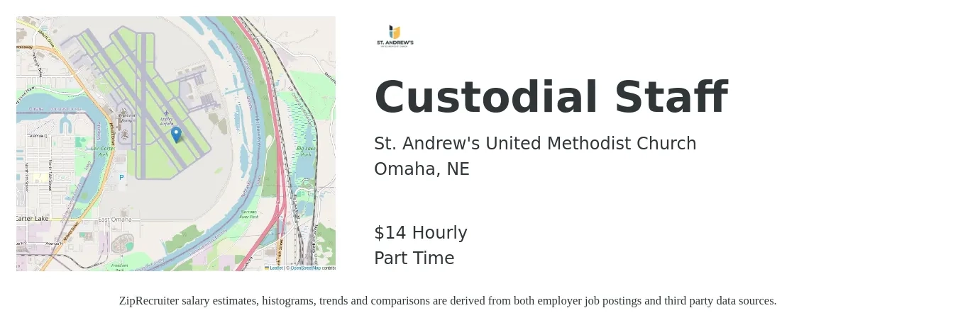 St. Andrew's United Methodist Church job posting for a Custodial Staff in Omaha, NE with a salary of $15 Hourly with a map of Omaha location.
