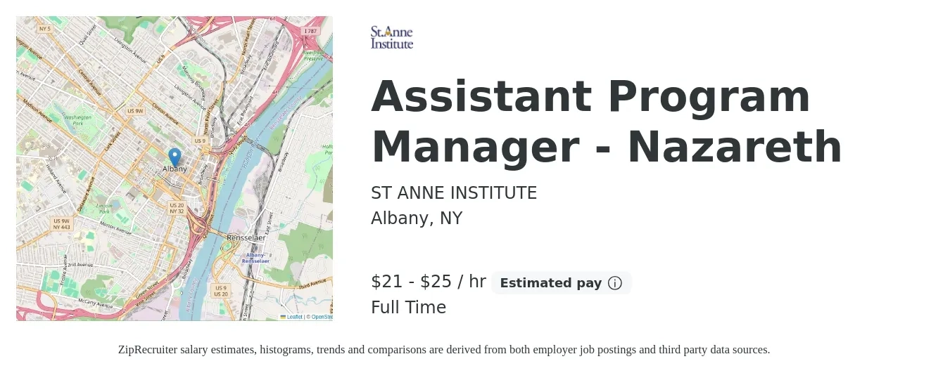 ST ANNE INSTITUTE job posting for a Assistant Program Manager - Nazareth in Albany, NY with a salary of $22 to $26 Hourly with a map of Albany location.