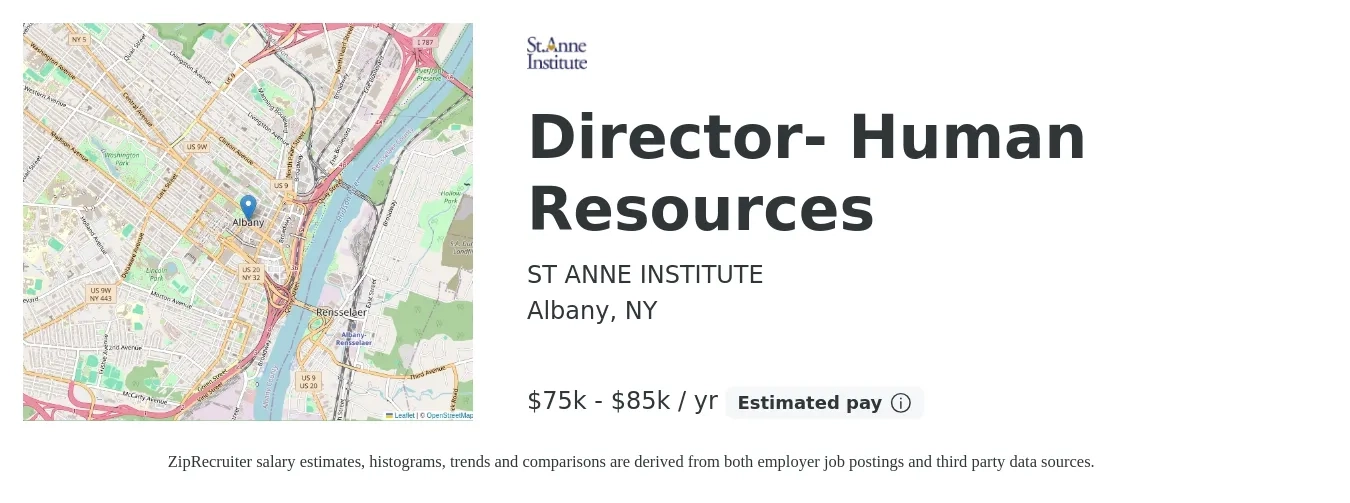 ST ANNE INSTITUTE job posting for a Director- Human Resources in Albany, NY with a salary of $75,000 to $85,000 Yearly with a map of Albany location.