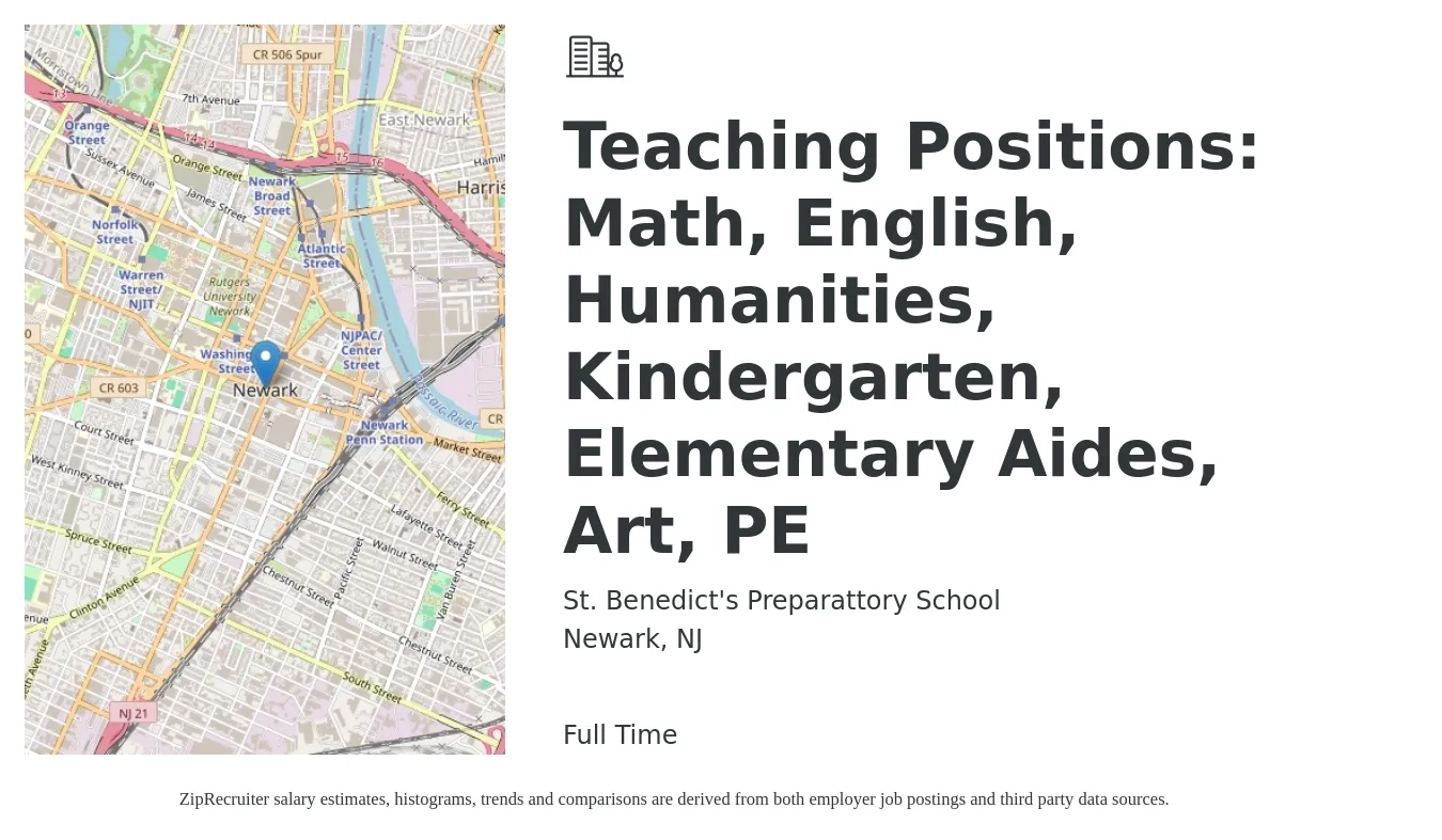 St. Benedict's Preparattory School job posting for a Teaching Positions: Math, English, Humanities, Kindergarten, Elementary Aides, Art, PE in Newark, NJ with a salary of $15 to $18 Hourly with a map of Newark location.