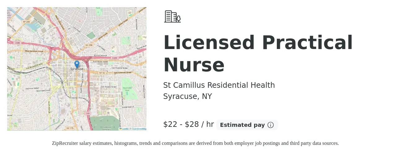 St Camillus Residential Health job posting for a Licensed Practical Nurse in Syracuse, NY with a salary of $23 to $30 Hourly with a map of Syracuse location.