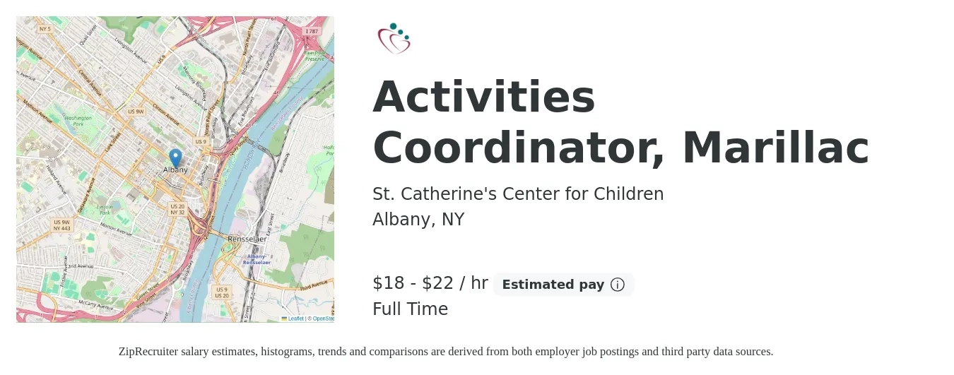 St. Catherine's Center for Children job posting for a Activities Coordinator, Marillac in Albany, NY with a salary of $19 to $23 Hourly with a map of Albany location.