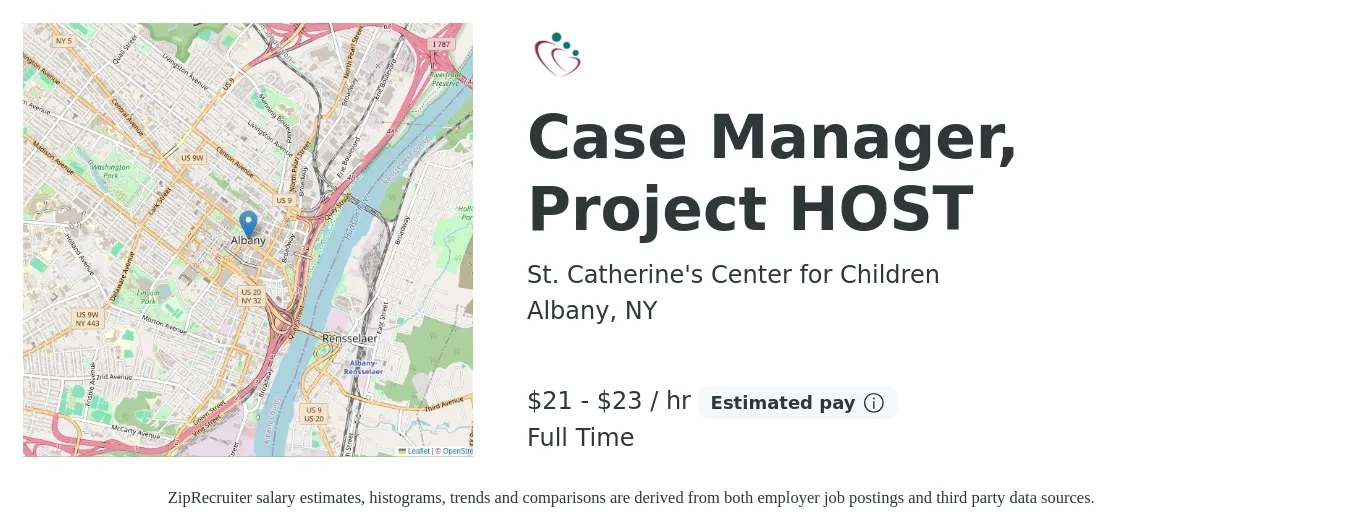 St. Catherine's Center for Children job posting for a Case Manager, Project HOST in Albany, NY with a salary of $22 to $25 Hourly with a map of Albany location.