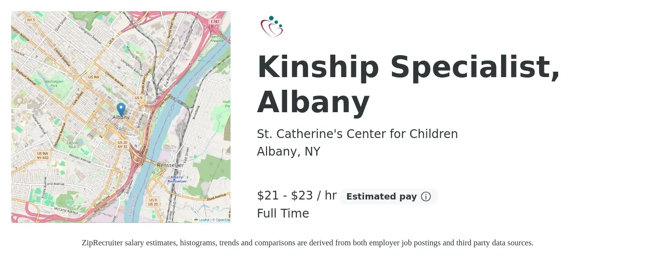 St. Catherine's Center for Children job posting for a Kinship Specialist, Albany in Albany, NY with a salary of $22 to $25 Hourly with a map of Albany location.